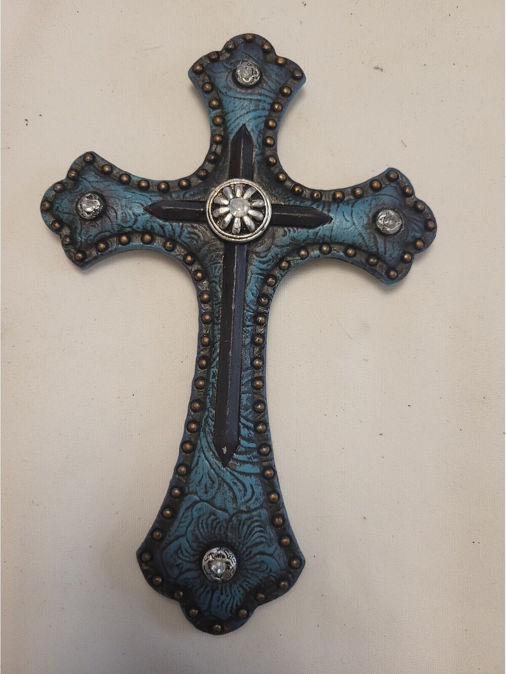 Decorative Blue and Black 8x5" Cross with Stud Accents
